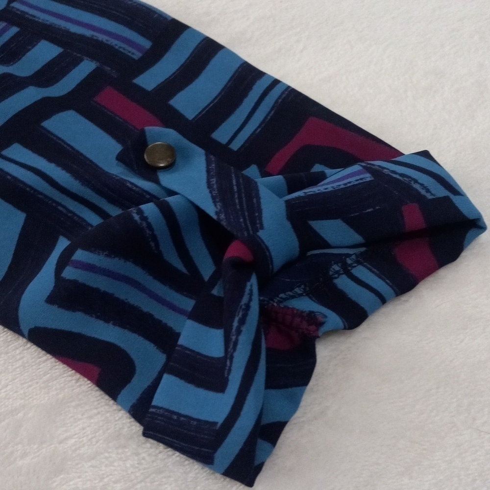 Everly Blue & Fuchsia Graphic Block Print Roll Up Sleeve Pull On Mini Dress - Picture 10 of 15
